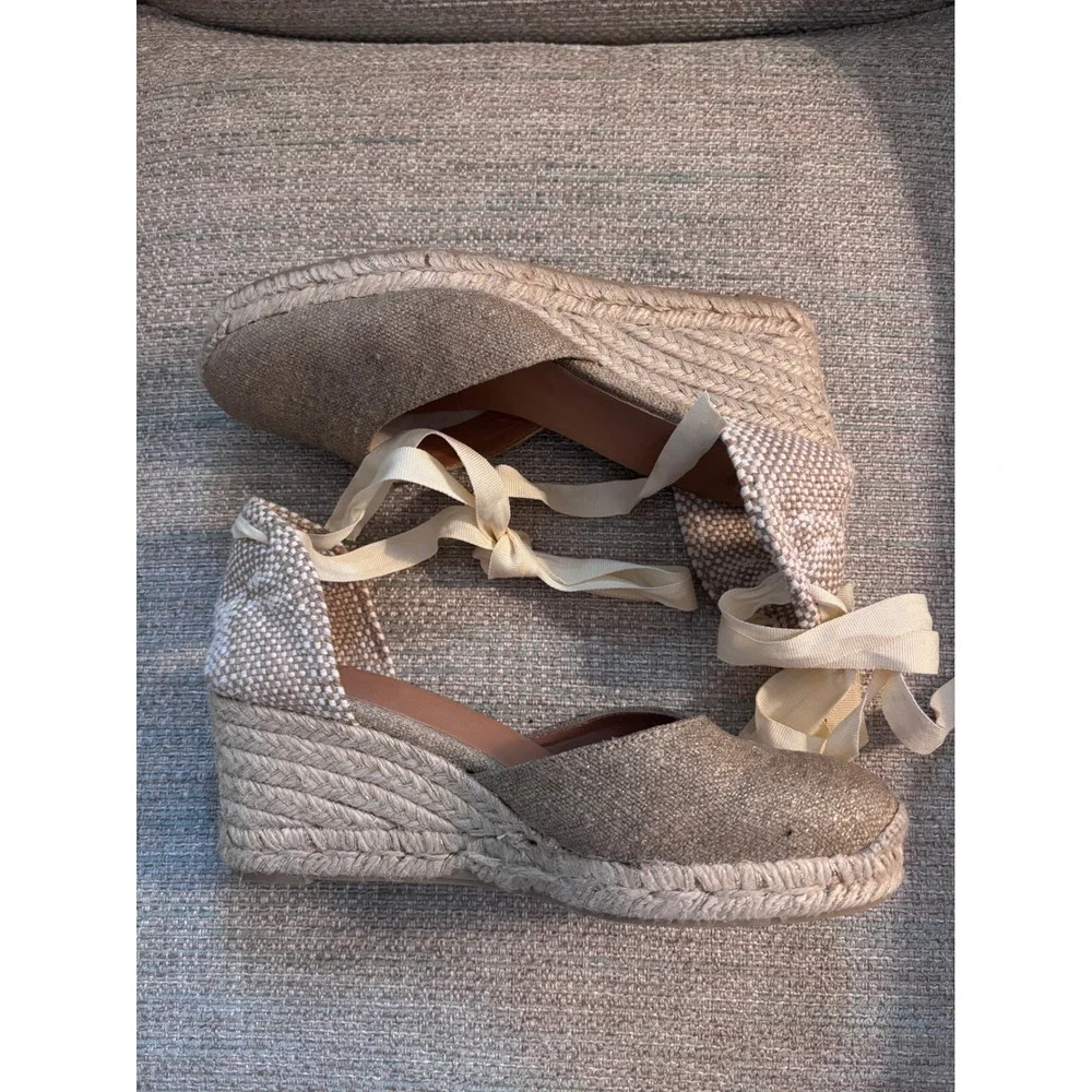 Castaner Carina Gold‎ Metallic Espadrille Wedge Sandals Ankle Tie Spain Size 38